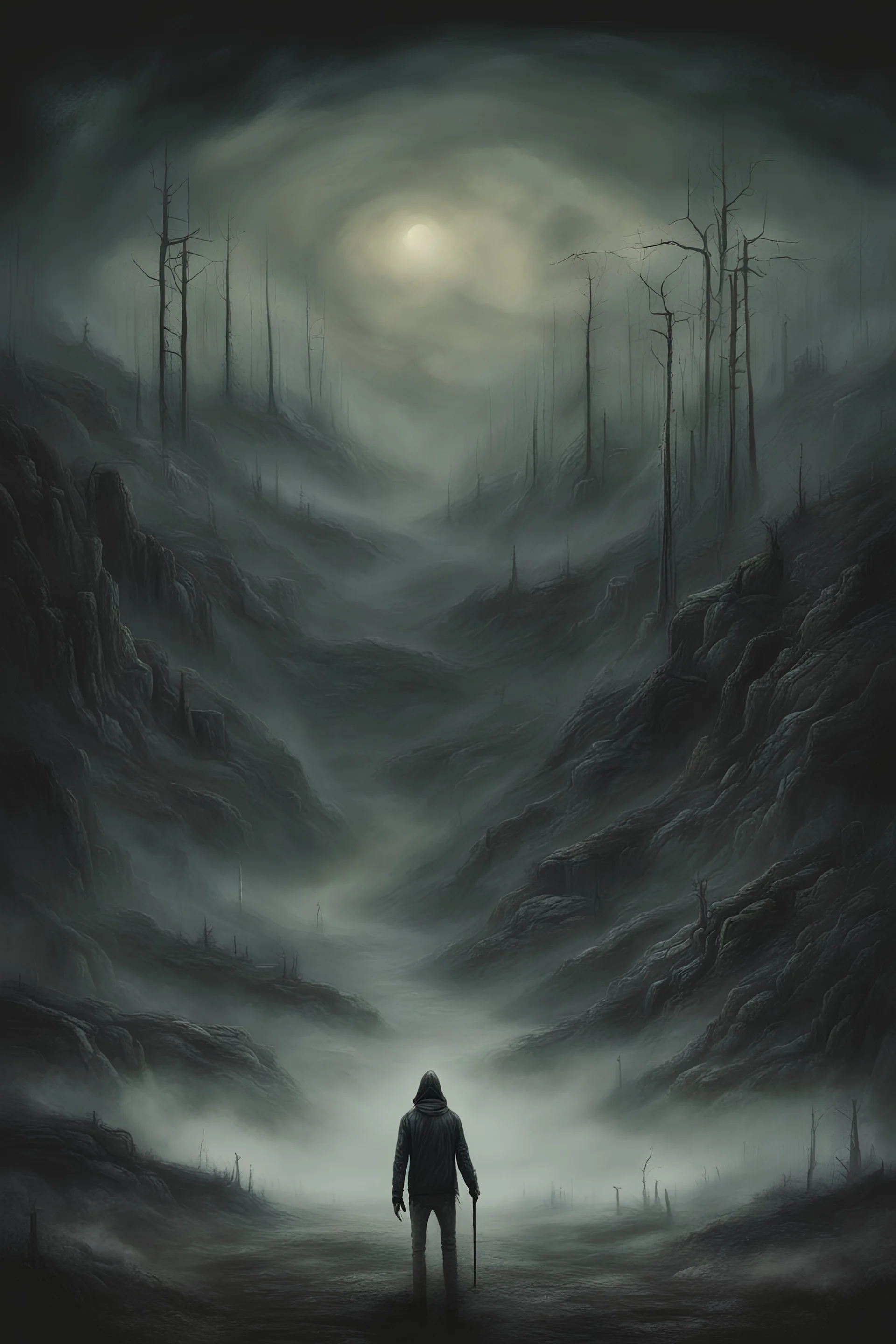 big zero, nothing, big fog, surreal style, dark colors, strange surreal nightmare landscape, high detail, sinister, surreal art, chillingly fascinating