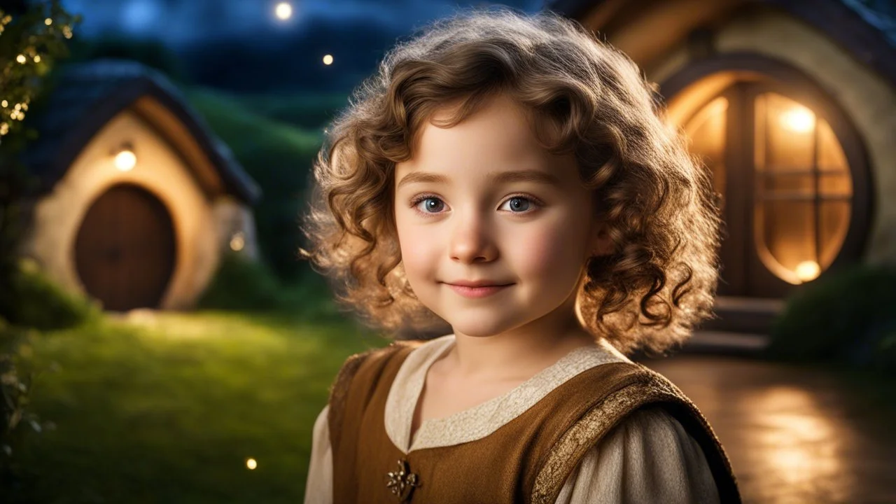 Little very young hobbit girl, beautiful, confident, calm, wise, happy, innocent, facing camera, head and shoulders, curly hair, hobbit clothing, perfect eyes, LOTR village, hobbit homes with circular windows and circular doors, night scene, stars, fireflies, 16k artistic photography, exquisite composition, photorealistic concept art, soft natural volumetric light, chiaroscuro, award-winning photograph, masterpiece, style William-Adolphe Bouguereau