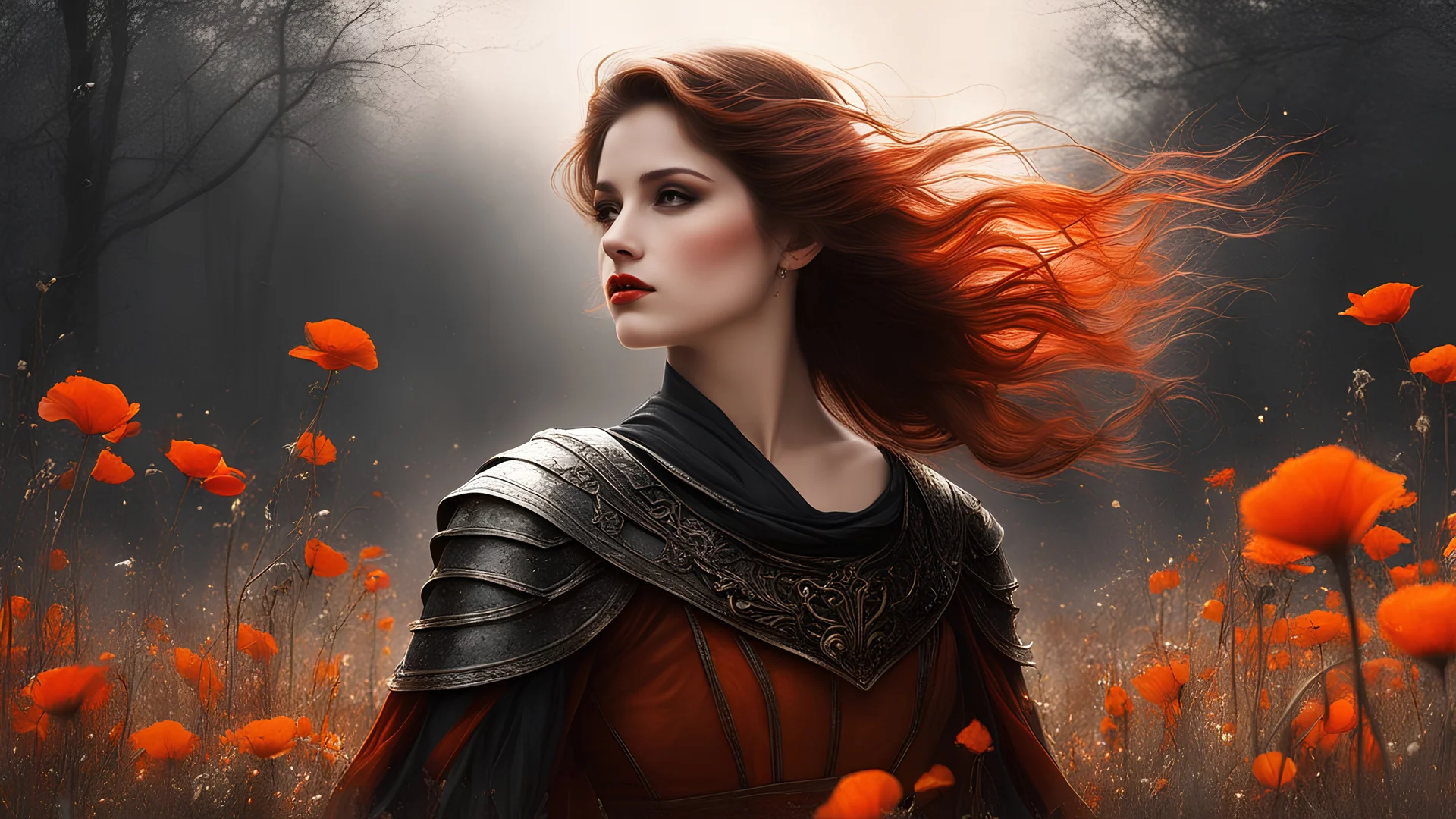 linquivera,coquelicot, beautiful woman, sorrowful expression, faded elegance, poignant atmosphere, lost beauty, melancholic aura, hauntingly captivating, timeless grief, stark contrast, delicate decay,line art,backlighting,wind,backlighting,stardust,(wind:1.2),knight,orange blood