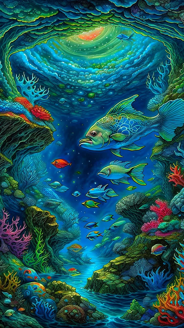 An Trees, waterfalls, and imaginative landscapes. Underwater lake fish. Coral. The sky is decorated with stars and sky waterfalls fantasy, perfect anatomy, fantasy, vibrant digital art professional award winning masterpiece, oil on canvas Atmospheric extremely detailed Josephine Wall