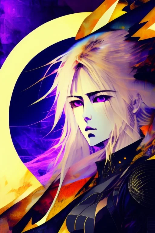 Explosive abstract collage style image of a beautiful anime warrior girl, beautiful blond hair and features, dramatic, pieces of cloth material, textured moon in background, bob wire, gothic surroundings, textures