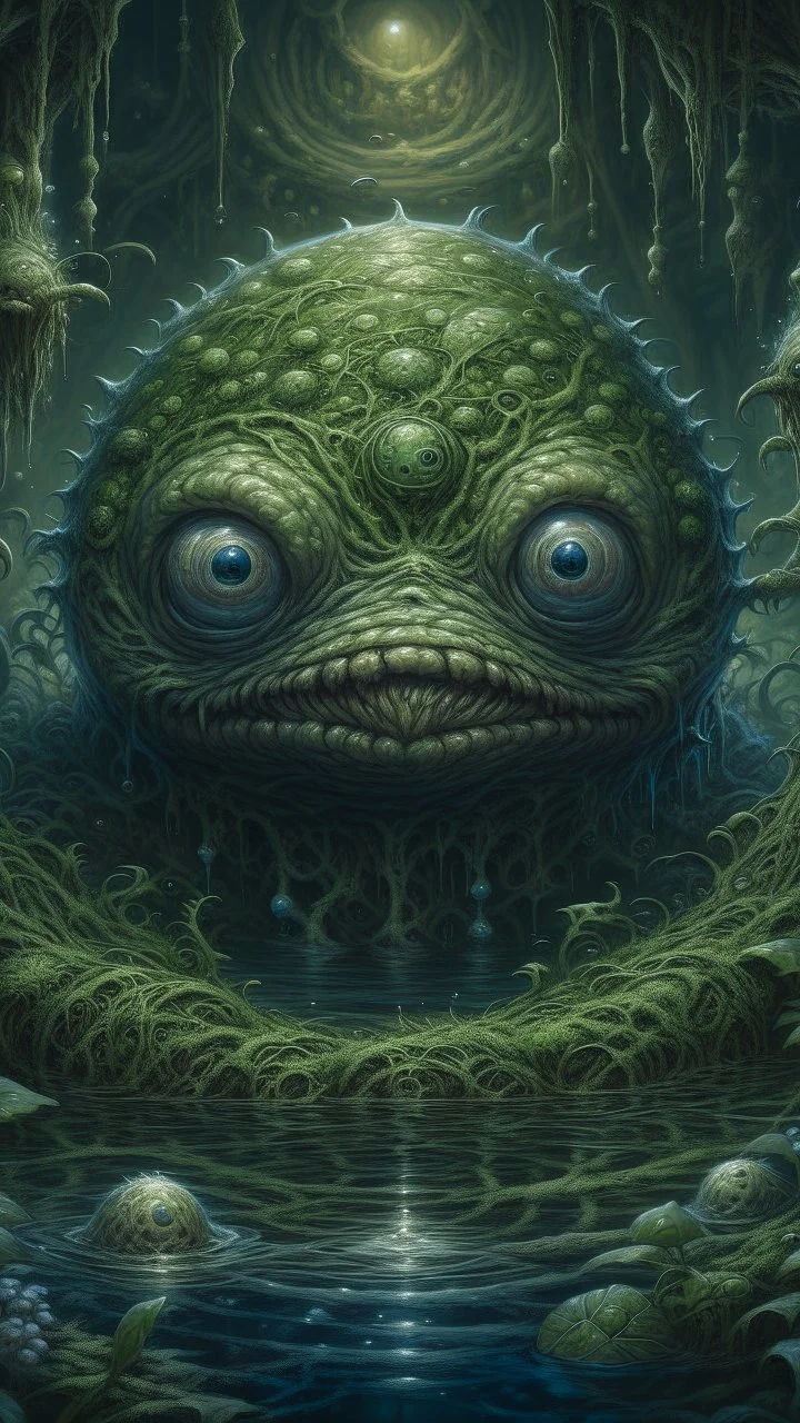 Swamp Thing, dark ball , ominous, , , intricate, oil on canvas, masterpiece, expert, insanely detailed, 4k resolution, retroanime style, cute big circular dark eyes, cinematic smooth, intricate detail , soft smooth lighting, soft pastel colors, painted Renaissance stylestyle