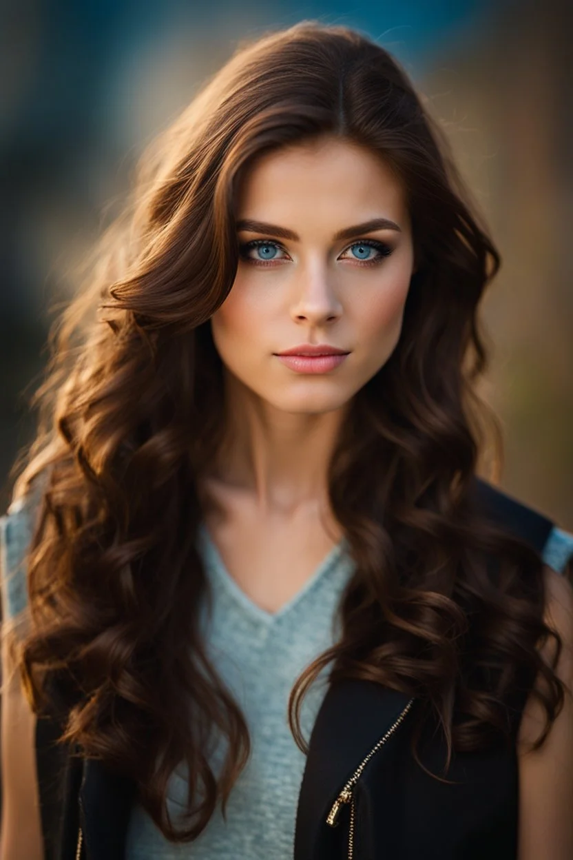 Portrait of a pretty18 year old girl with long wavy chocolate brown hair over her left shoulder. Blue eyes. wearing a vest