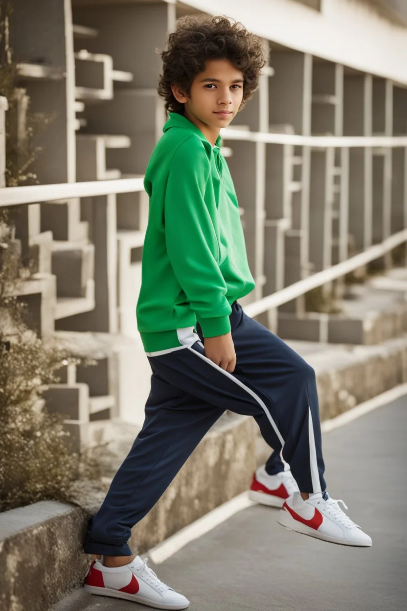 eleven year old mediterranean boy dressed track pants