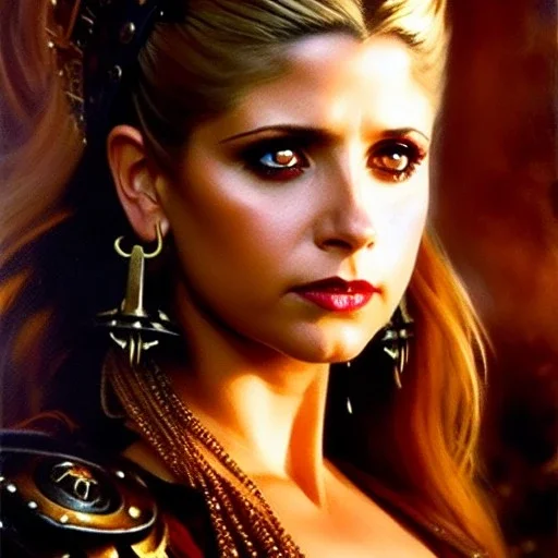 portrait beautiful face Buffy Summers - Buffy The Vampire Slayer,busty,ancient metal armor balanciaga fashion clothe painting by gaston bussiere, greg rutkowski, yoji shinkawa, yoshitaka amano, tsutomu nihei, donato giancola, tim hildebrandt, oil on canvas, cinematic composition, extreme detail,fit full head inside picture,16k