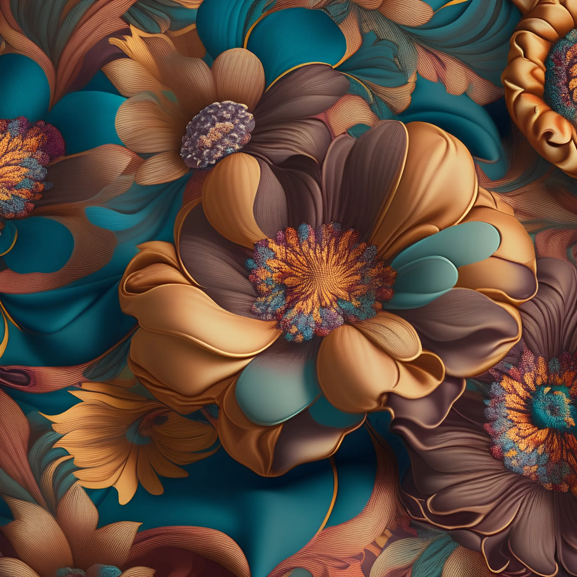 infinite pattern fabric tilabe, flat texture, georgette, flores warm colors, photorealistic effect