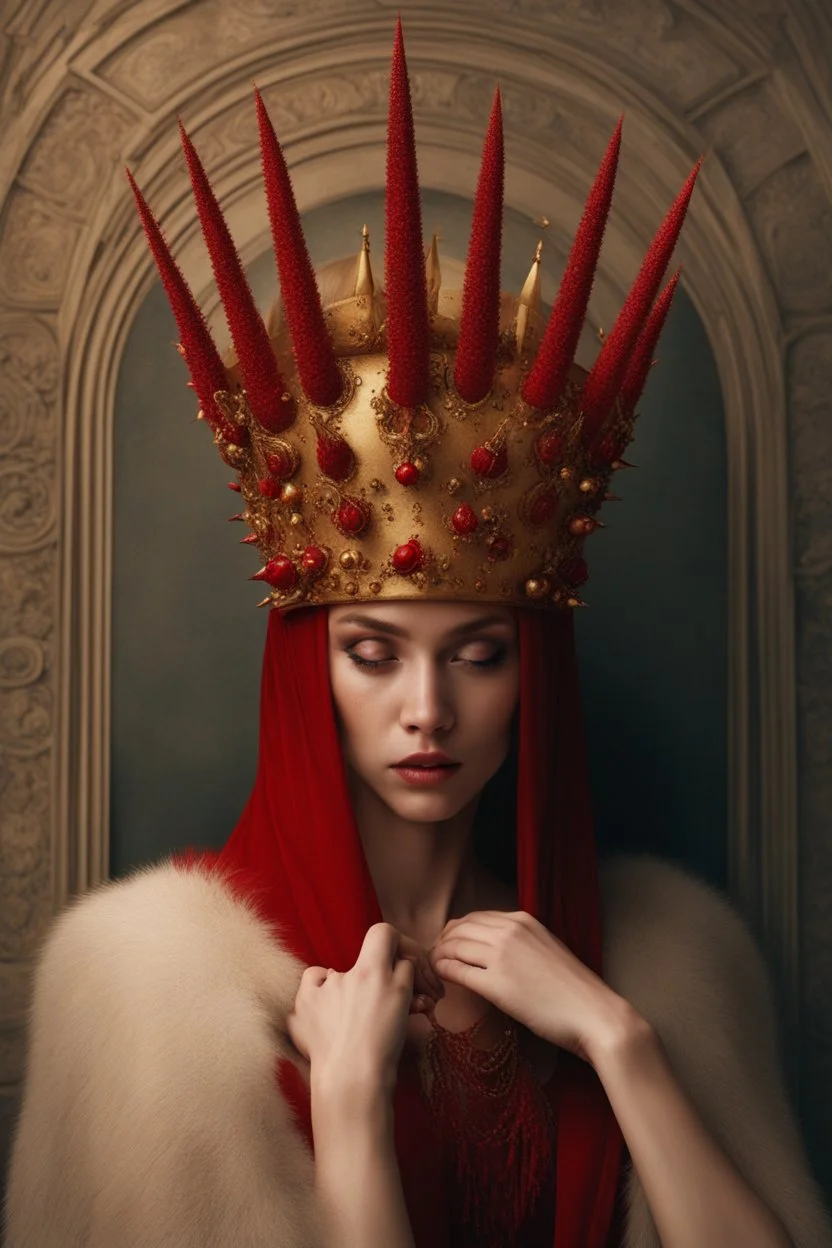 lady in red veils her face and has a large golden spiked crown, in the style of celestial fasion, otherworldly beauty, davide sorrenti, celestialpunk, album covers, fra angelico, aykut aydogdu, queencore, golden age aesthetics --s 750 --v 6. 0 --ar 10:13