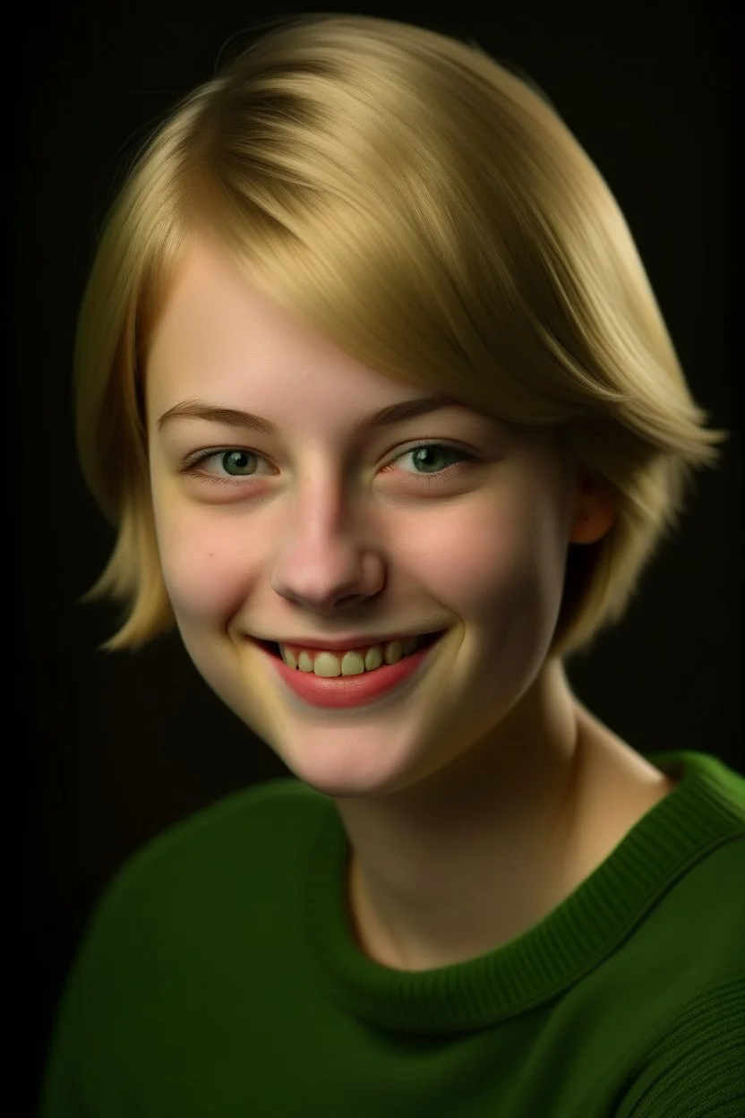 portrait of a 16 year old caucasian woman with short blond hair, bob cut hair, dark green eyes, smiling