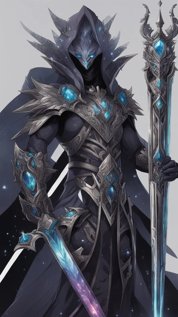 Monster with Multiarms, hoodie, cover face, crystal sword, crystals arm, galaxy face, solo leveling shadow artstyle , high details, intricate details, highly detailed