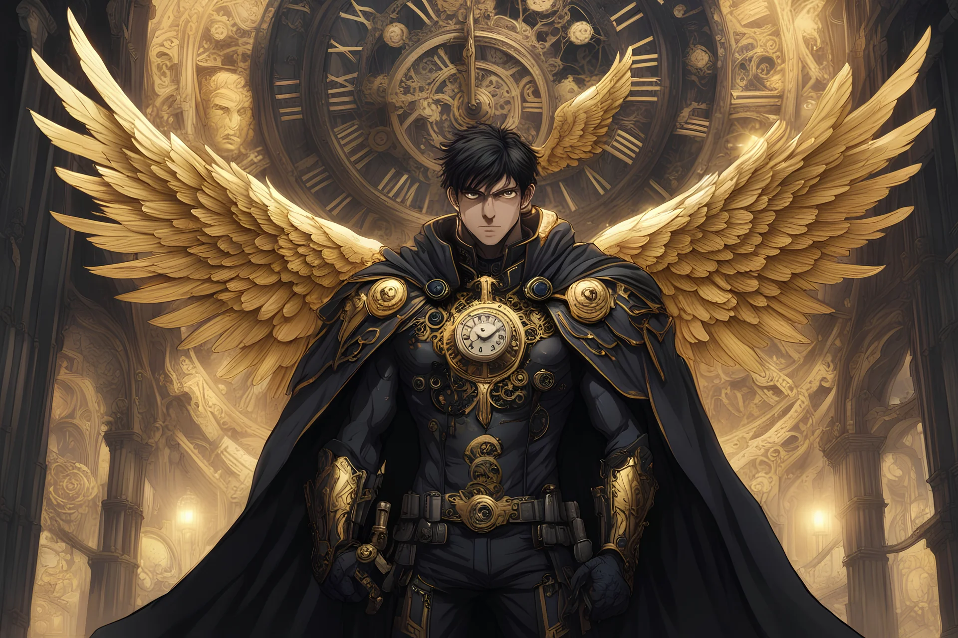 cyberpunk anime man with eyes wearing a cape of gold with black angel wings standing in a clock tower made of gold with cogs ticking