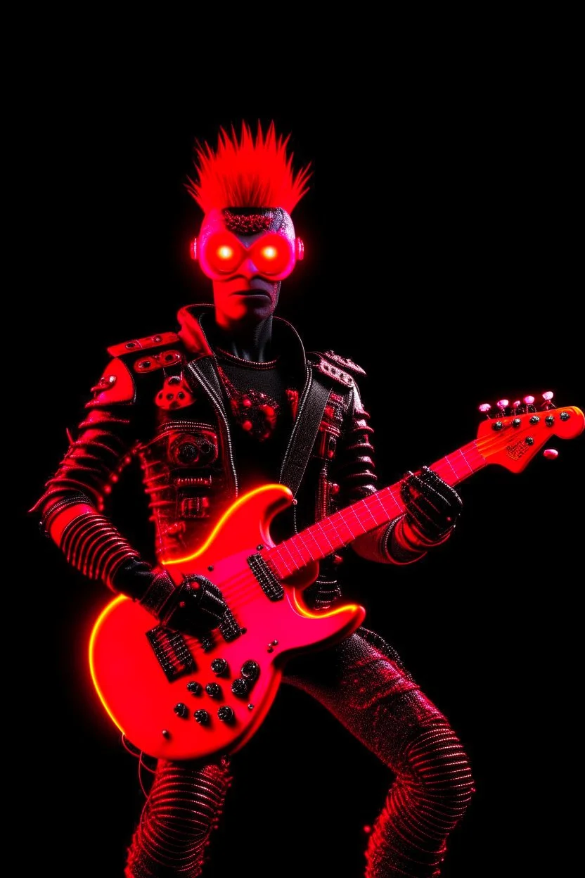 A realistic 4K robot terminator with a red punk crest playing bass, black background, flames all around him.