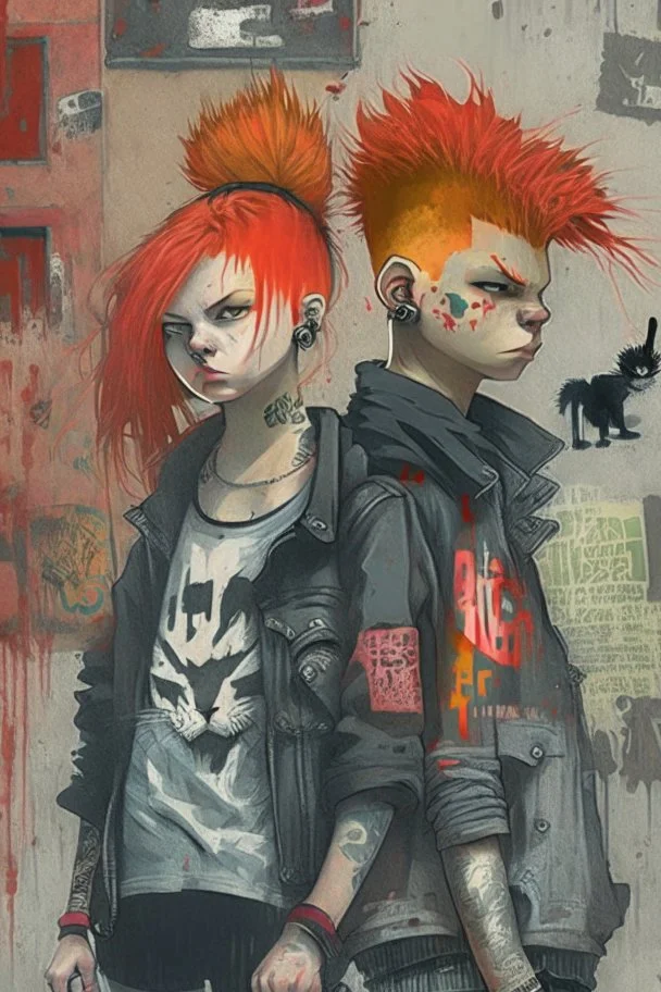 graffiti style, dark colors, boy 13 years old, ginger hair, girl 15 years old, brown hair, boy 14 year boy, ginger hair, chubby, 3 black cats, old town, white vav, 18 year old punk with red mohawk