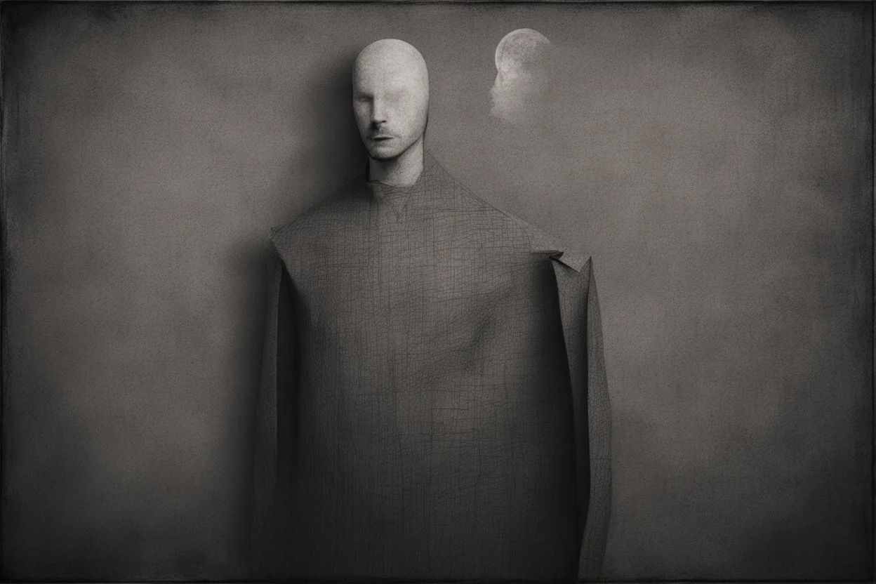 monochrome, cardboard figure on the left of the picture, stocky human figure with a head tilted to the left, almost no neck, no face or hair, schematic drawing, against a dark grey background with a symmetrical pattern, a lighter grey, almost monochrome, in moonlight, crayon drawing in shades of grey and black, ethereal, cinematic postprocessing