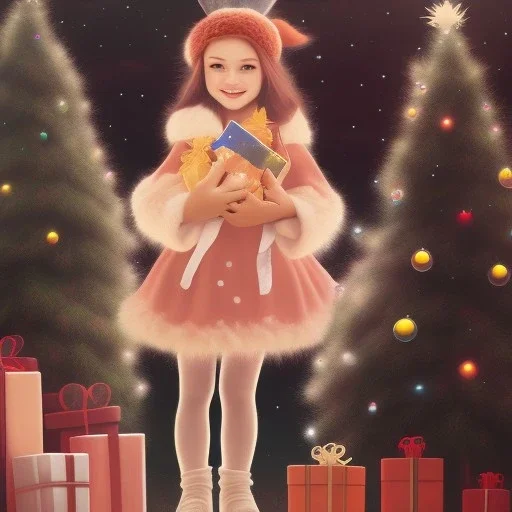 young girl with an eevee Pokémon in front of Christmas tree, realistic, 35mm