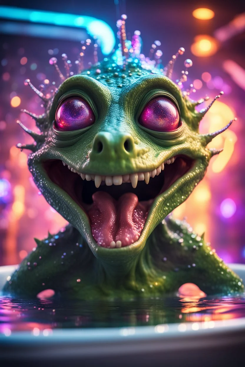 portrait of ultimate transcendent happy disco helmet wested pimp goblin croc alien frown with spotlights and huge dripping forked tounge sticking head out of a bathtub portal, in front of space portal dimensional glittering device, bokeh like f/0.8, tilt-shift lens 8k, high detail, smooth render, down-light, unreal engine, prize winning