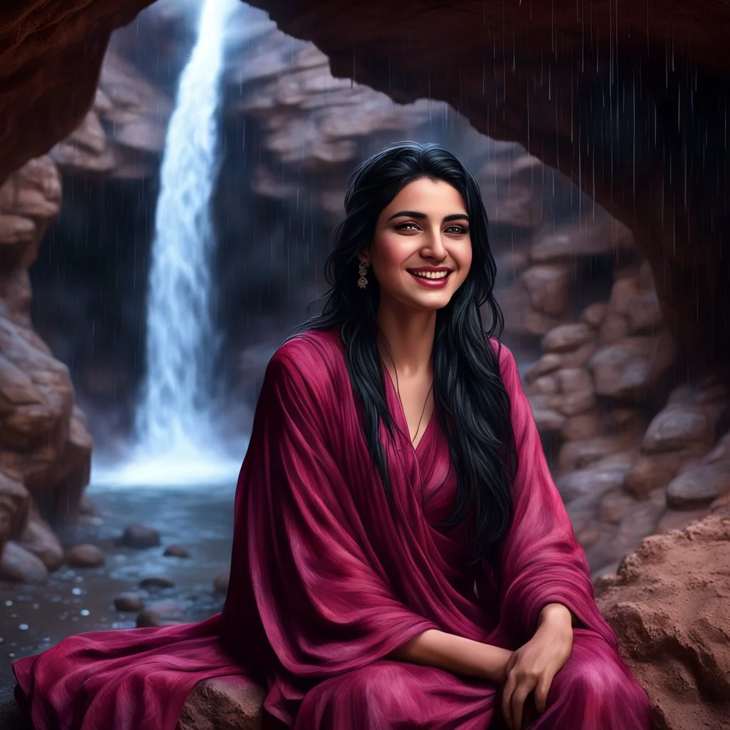 Hyper Realistic Photographic Outside View Of A Gorgeous Pashto Girl (Wearing Simple Burgundy Colored Dress & Wearing Plain Pink Dupatta On Her Neck) Happily Sitting & Smiling Boldy In A Cave & Showing Her Long Black Hair With Waterfall View Outside, With Heavy Rain Outside Cave At Dark Night Showing Dramatic & Cinematic Ambiance.