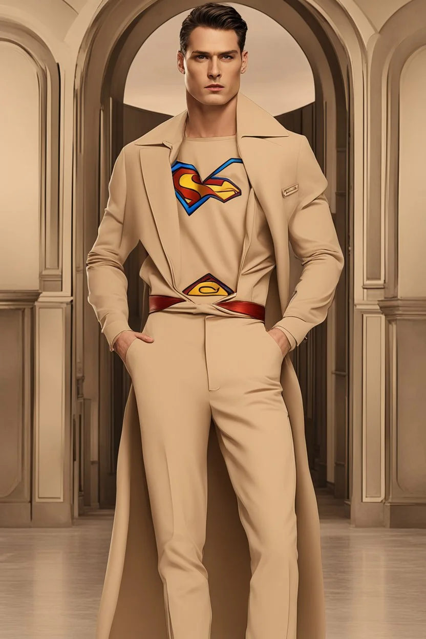 An elegant, unique and dazzling Men's fashion runway Clothes inspired by Superman's emblem design concept art beige tones 8k