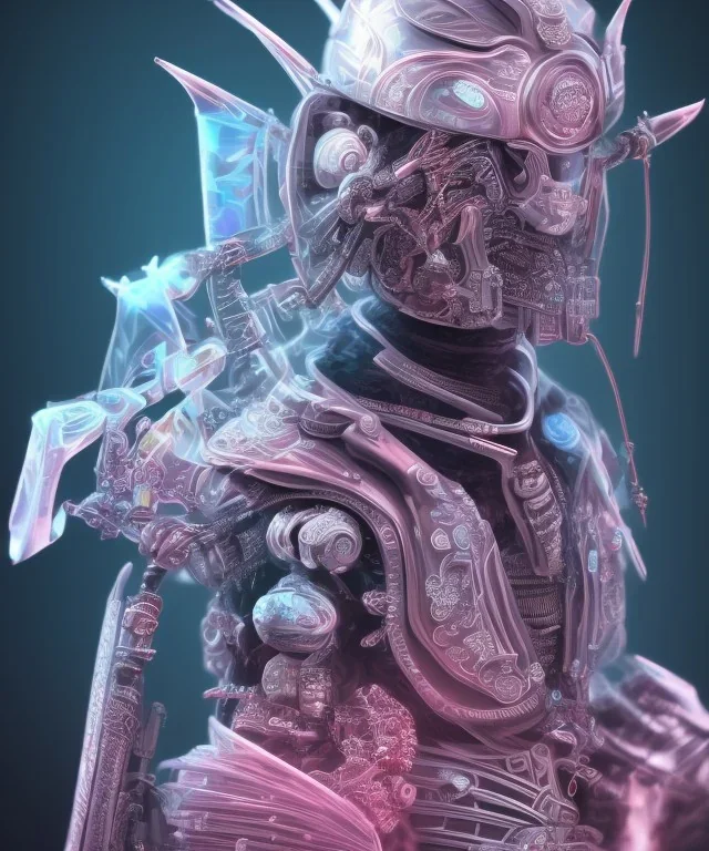 futuristic neon crystal sekeleton samurai smoke