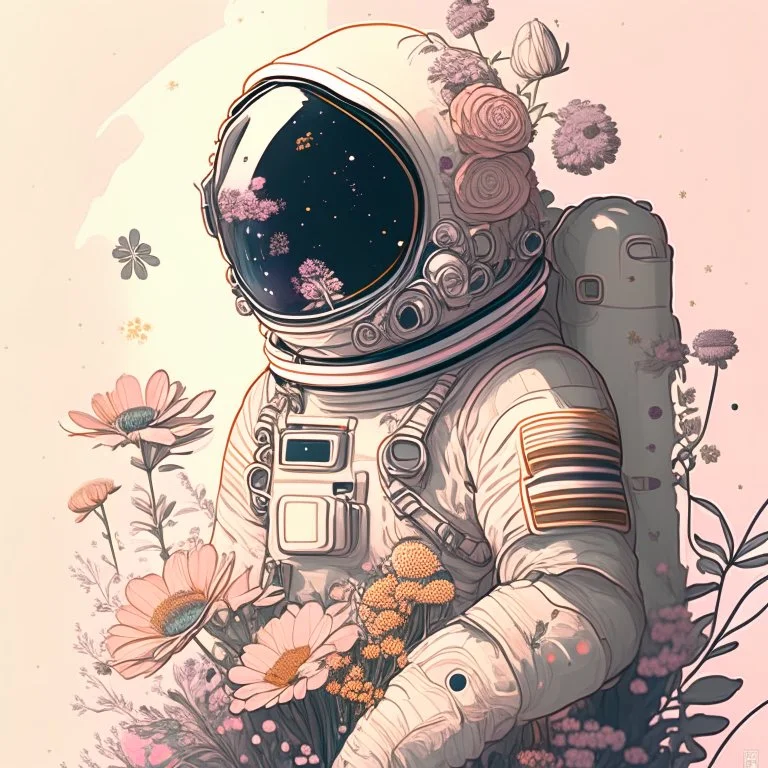 "floral astronaut" hand-drawn digital art, muted tones, flowers everywhere, REALISTIC, anime, 4k, colorful