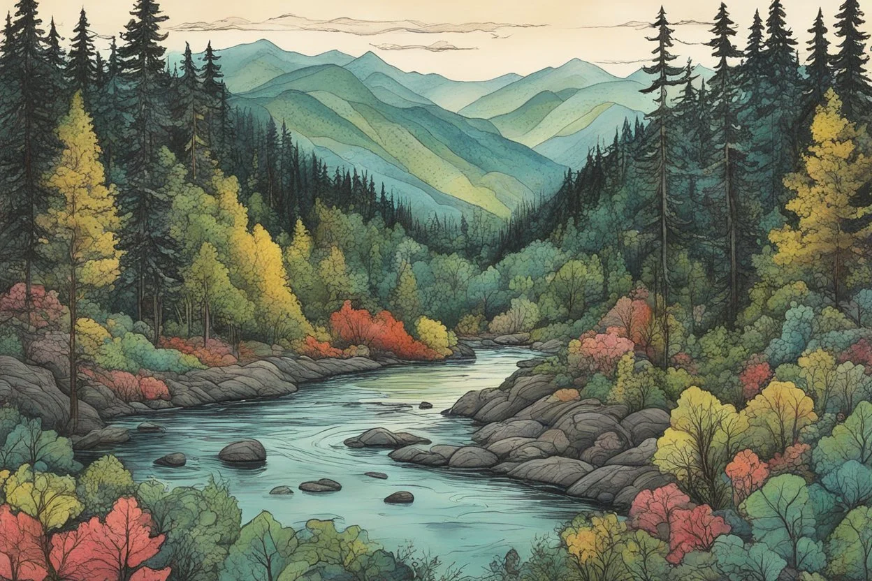 a surrealist illustration of a lush Pacific Northwest forested river valley landscape in the pale light of dawn, in the style of Lynda Barry , vibrant natural colors, with fine ink outlining, museum quality masterpiece