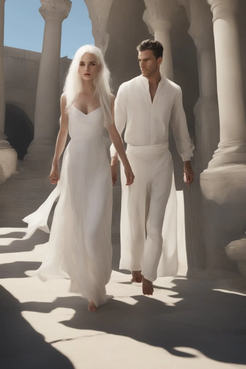 Woman with white hair wearing a white dress, walking down a sunlit stone hall, AND a handsome man in the background lurking in the shadows with long black hair