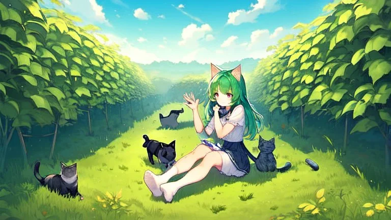 Girl, green hair, paws in hand, farm, sit, cat paws in feet, blushed, eat a carrot