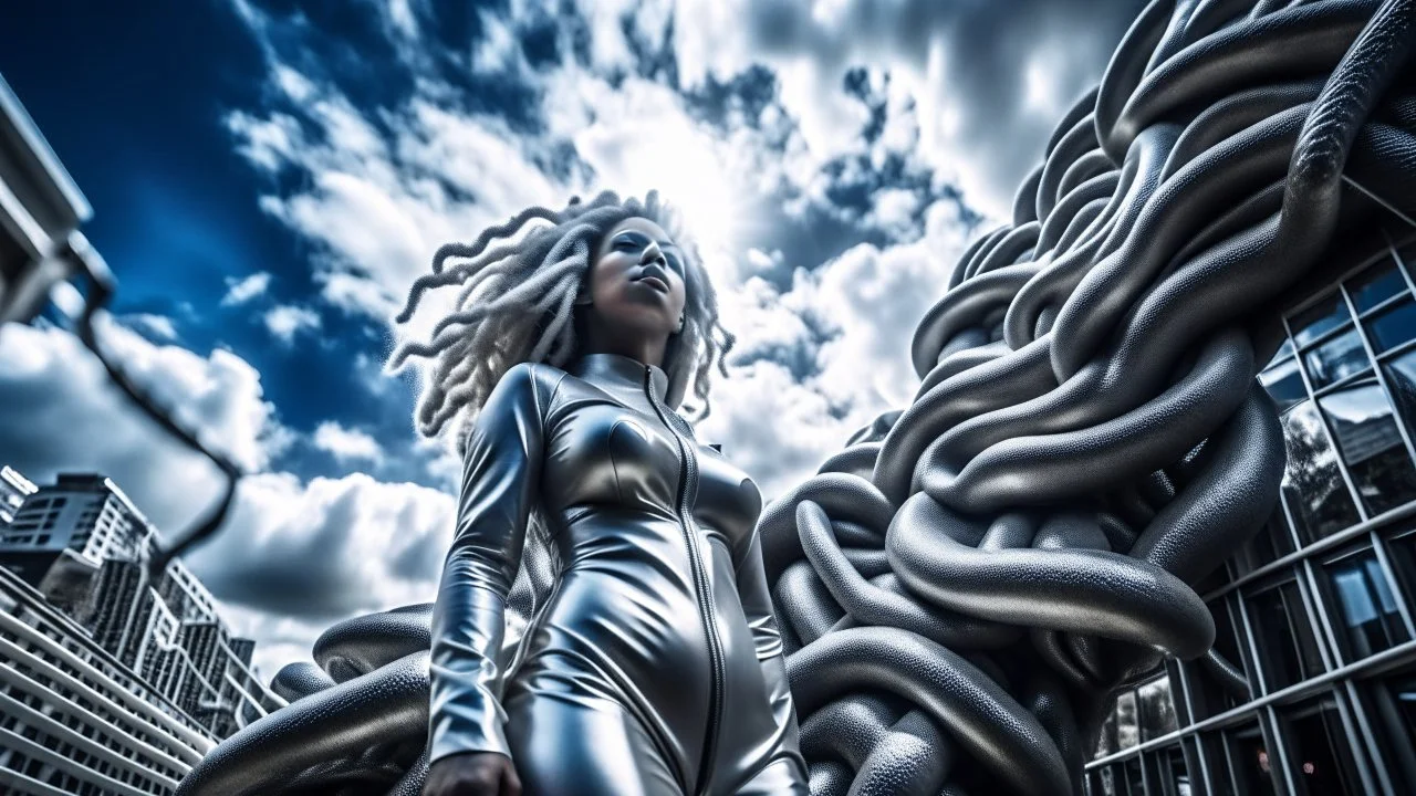 three-quarter-worms-eye view of a woman in a silver robotic catsuit standing in a futuristic derelict city with mushrooms with tentacles, floating in the sky