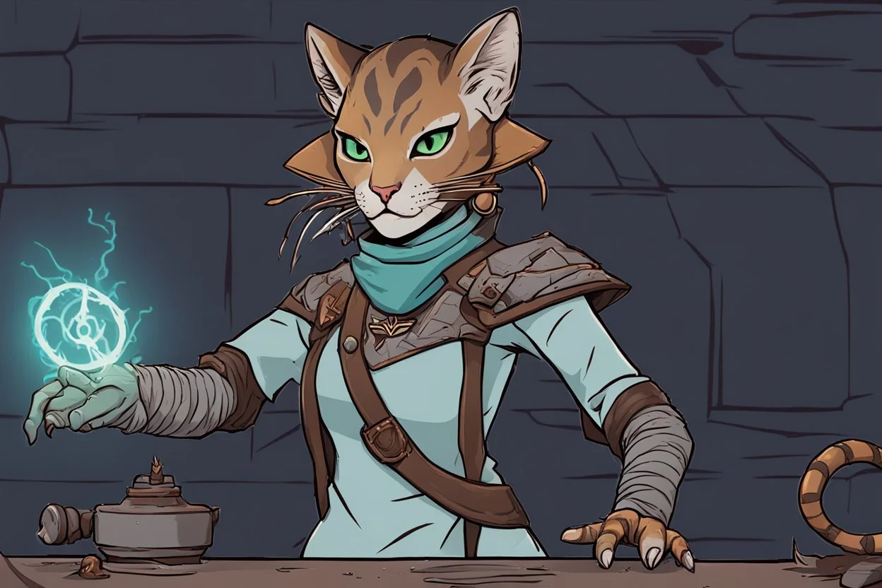 female khajiit artificer from d&d who uses Tesla coils as weapons