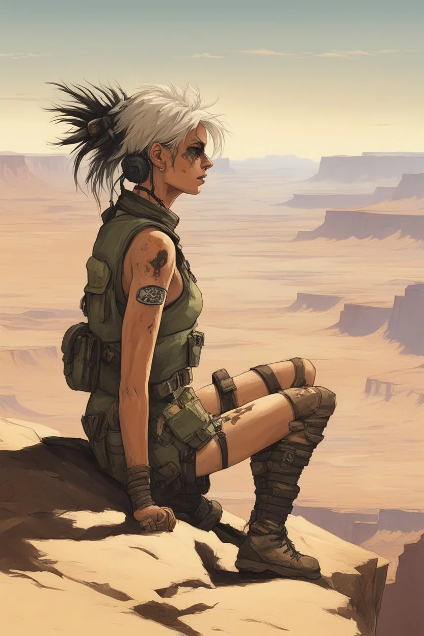 Far away, in the distant reaches of the sprawling wastelands, Tank Girl's presence was a mere whisper on the canvas of desolation. Her silhouette, a tiny, indistinct figure, dissolved into the vastness of the unforgiving terrain. From my vantage point high atop the canyon, she appeared as a solitary speck, her form barely distinguishable against the harsh, windswept backdrop. The tank she rode, a clunky and eccentric contraption, seemed like a distant dot, its mechanical rumblings imperceptible