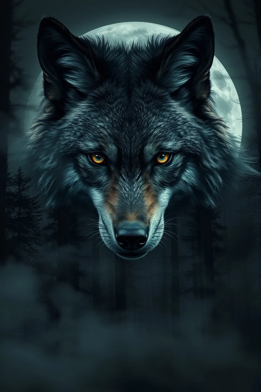 double exposure stunning wolf-woman mutant portait, forest, moon, smoke, ultra-high detailed, deep dark colors, dark fantasy, intricate detail, cinematic, masterpiece, sharp focus, dark ethereal fantasy, hyperdetailed, atmospheric , dark surreal fantasy