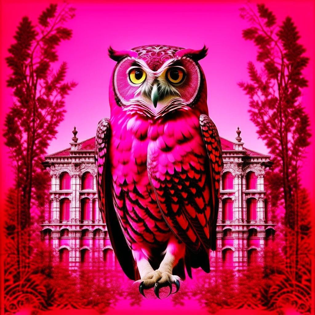 A magenta university with a psychic owl designed in ancient Greek mosaics painted by George Inness
