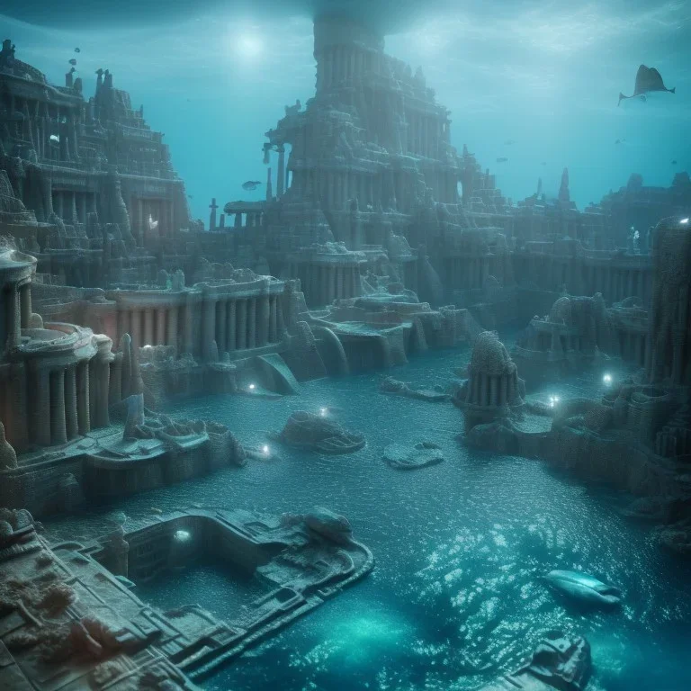 sunken underwater city of atlantis , fish swimming around, highly detailed, cinematic, ultra photorealistic, ultra realistic, volumetric lighting