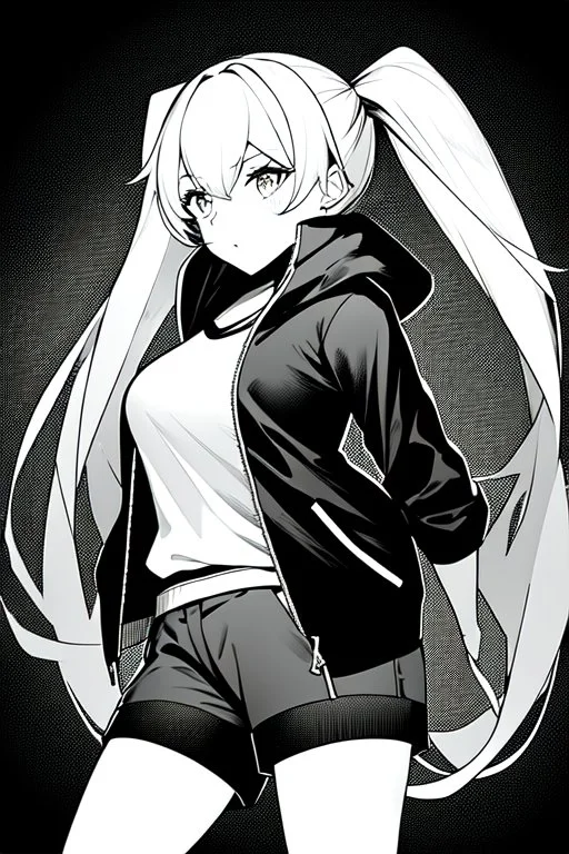 blonde girl with ponytails dressed in a jacket and shorts walk in dark corridor, greyscale