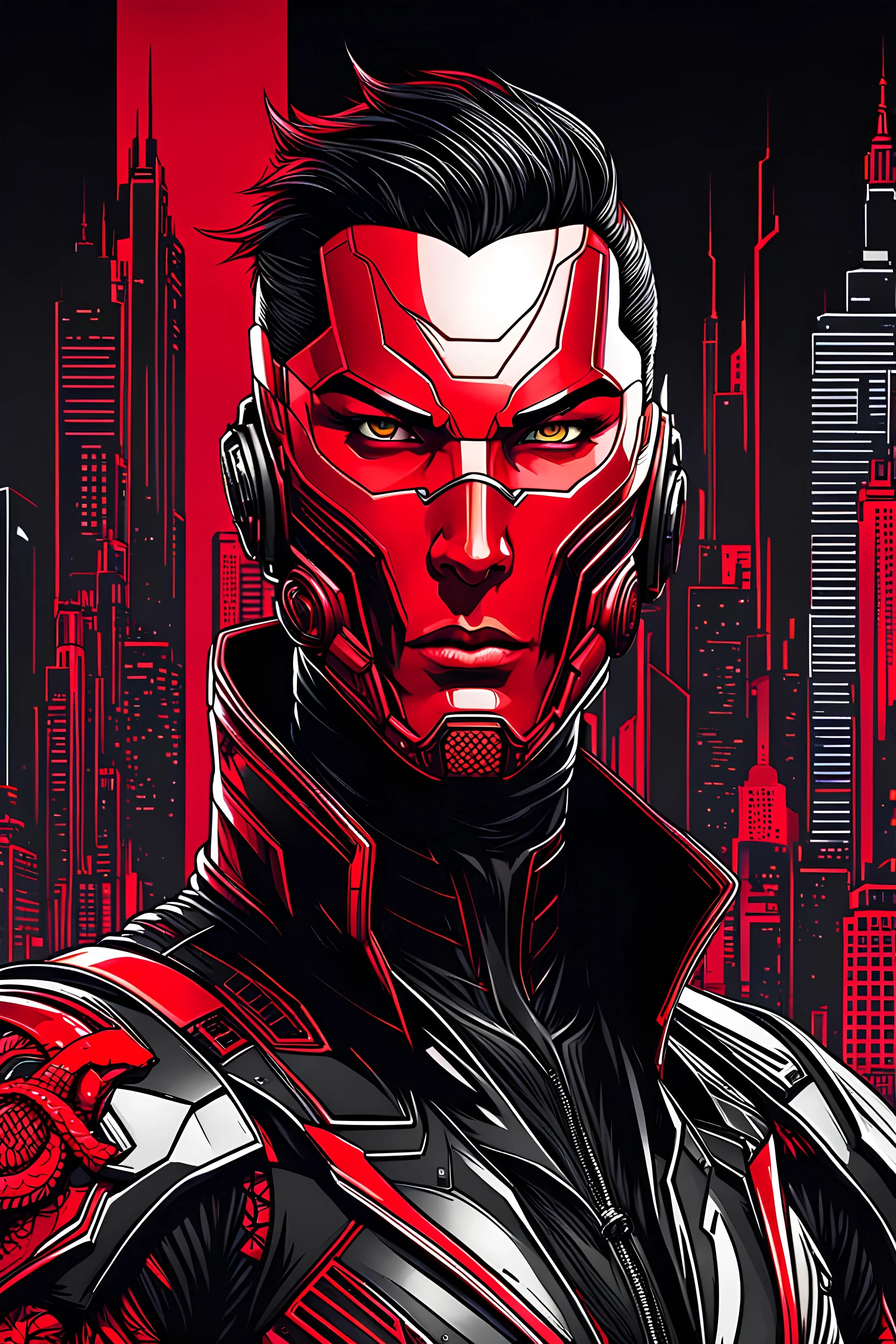 Retrato dibujo de contorno de Dragman con antifaz de dragón, negro y rojo con traje cyberpunk, fondo ciudad