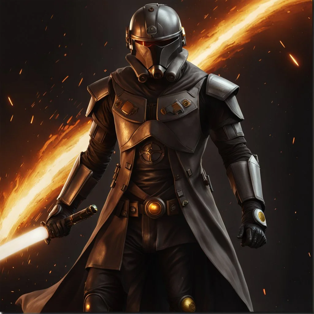 star wars bald male corellian jedi pilot wearing black and gunmetal grey old republic armored flight suit with gold trim, a lone battle-ready Jedi Master defending a ruined city surrounded by golden light, hyperdetailed, dynamic lighting, hyperdetailed background, 8k resolution, volumetric lighting, light skin, fully