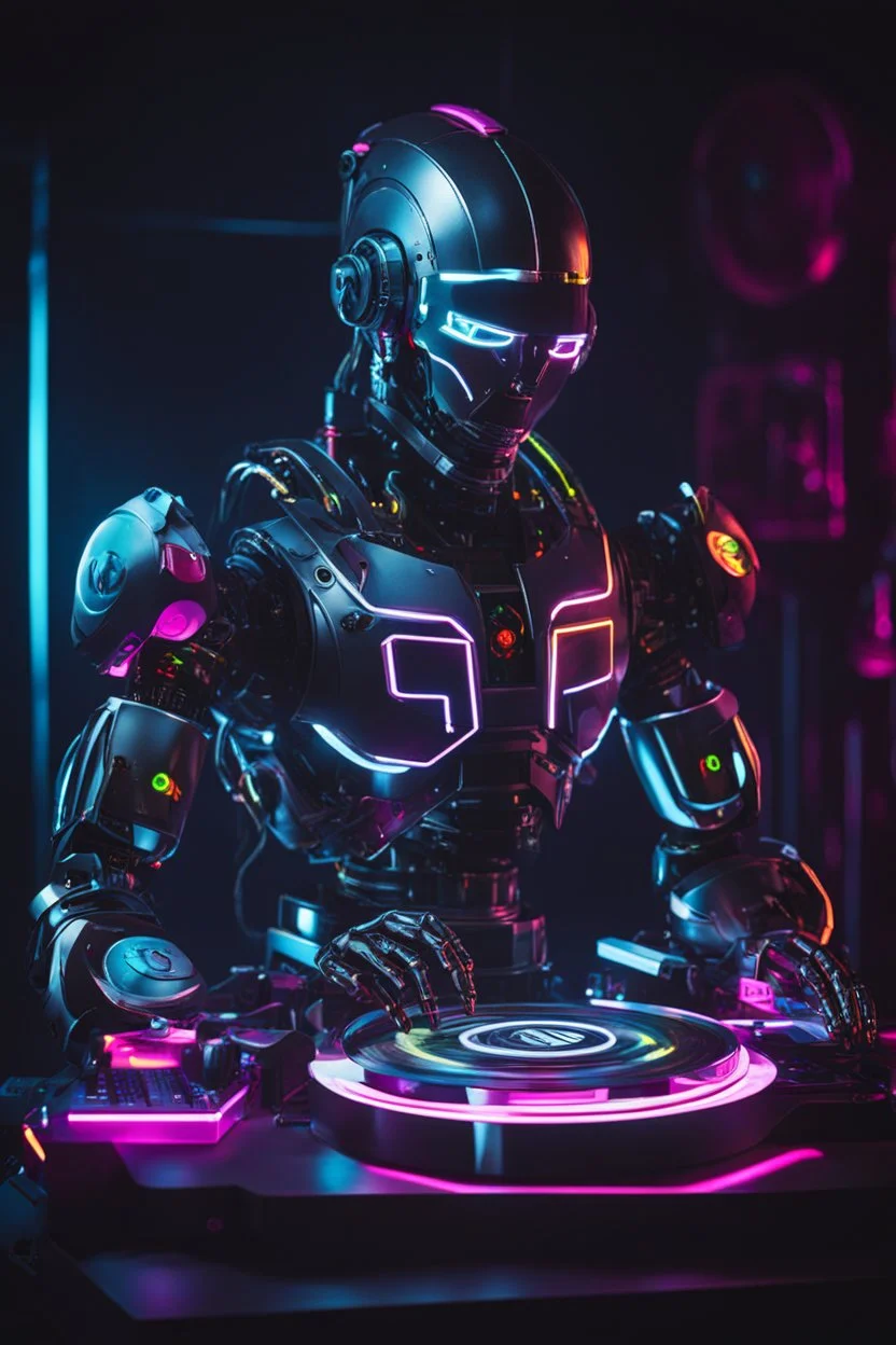 Cyborg robot playing turntable dj pleyer in a dark neon room