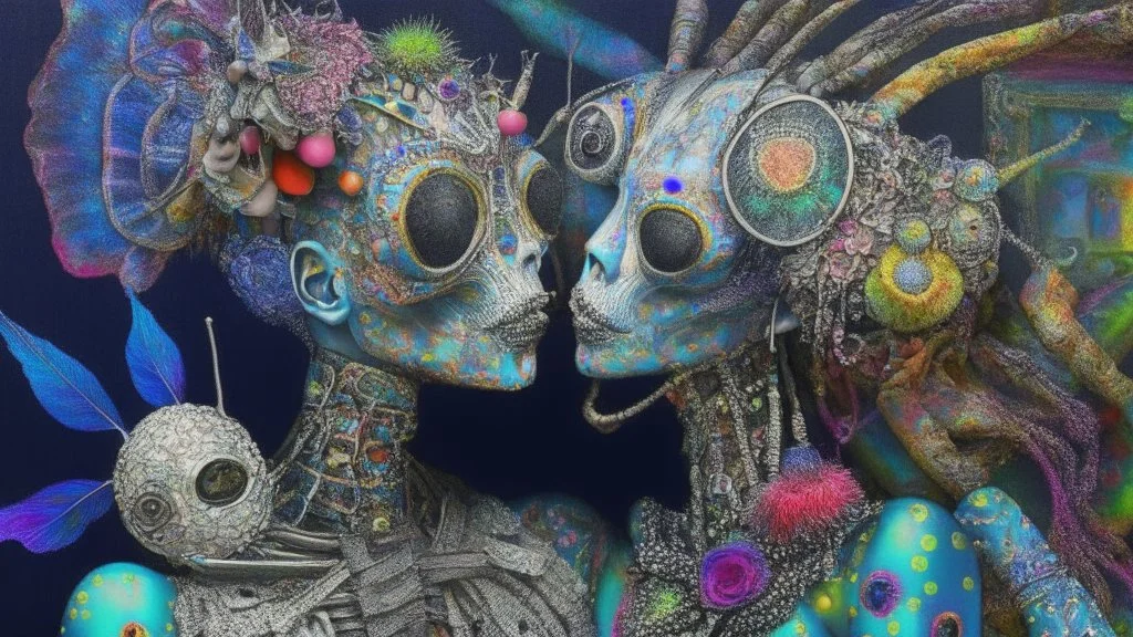 Surreal artwork entitled "Homo Consumerist licks the Bufo alvarius"; A partially skeletonized Celebrity couple on a psychedelic trip wearing clothes made out of bits and pieces of colorful garbage collected on a 5-meo-dmt trip; mixed media including thread, leather, plaid, jewels, feathers, foliage, and flowers; Neo-surrealism, psychedelic, iridescent