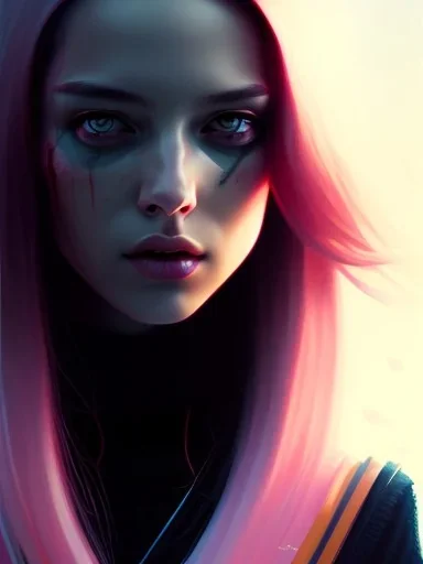 girl angry, beautiful, cute, bloody, long pink hair, black sweater, by Greg Rutkowski