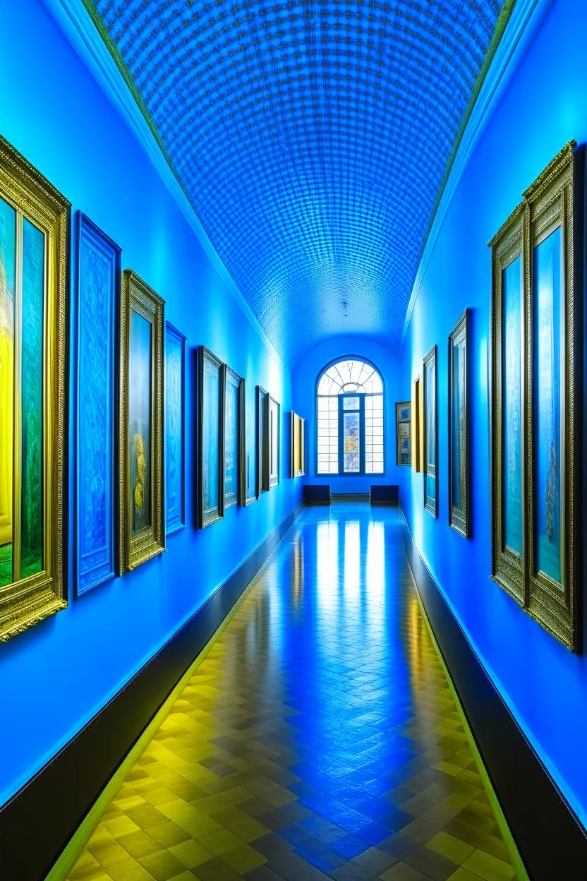 An exhibition of paintings whose side walls are in the shape of an oval and made of blue glass and its floor is light with a wall in the middle of the hall to divide it into two parts with a corridor at the beginning and end of the wall and the paintings displayed are old and historical