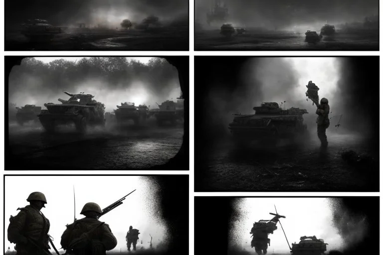 Masterpiece1:5)(Fineart), (award-winning:1.5), highest quality, (ultra realism:1.5) war journalism(,(by Tim Page and Hoorst Faas:1.5))(photorealistic:1.8),RAW pictures (Eastern Ukraine:(panel one:the moment after a battle ends, horrors of war, wounded men),(2nd panel, cinematic shot of men sitting in trench with 1000 yard stare (focus on their eyes:1.5)),(the third panel shows troops tired but hyper alert), (the fourth panel shows the sky is filled with incessant, fire and smoke,)