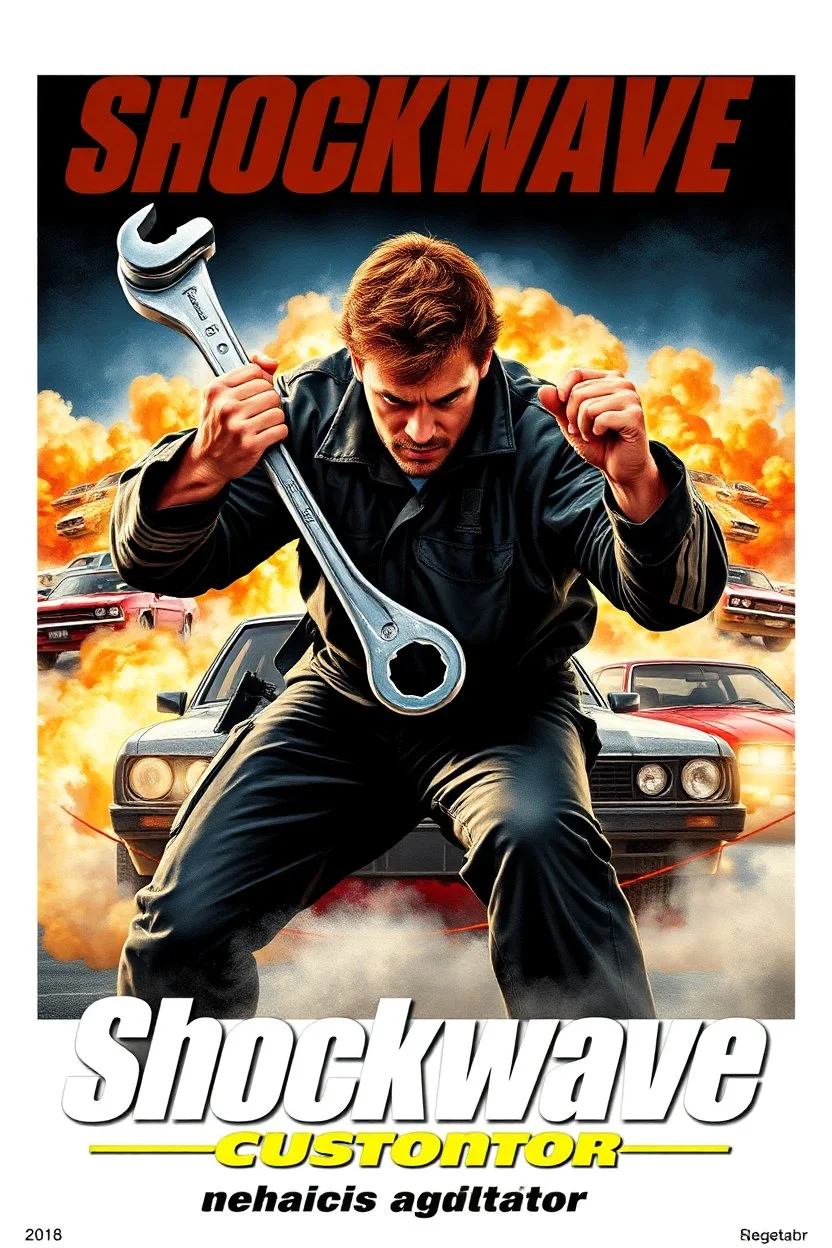 "Design a 90s-style action movie poster titled 'Shockwave Customs.' Feature a heroic mechanic in the foreground, fiercely battling thousands of adversaries with a spanner. In the background, show cars doing burnouts, creating a dynamic and intense scene. Capture the high-energy, gritty aesthetic of classic 90s action films. Prominently display the subtitle 'mechanic negotiator' in bold, impactful lettering."