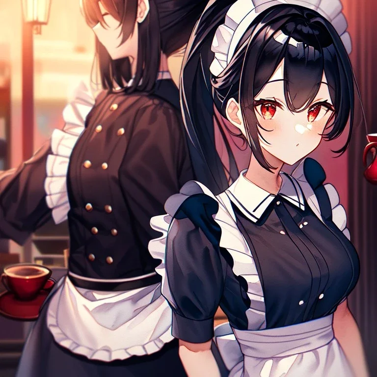 girl, masterpiece, best quality, cinematic lighting, detailed outfit, perfect eyes, black hair, red eyes, long hair, ponytail, in modern world, cafe setting, maid inspired outfit, vibrant colors, warm lighting, soft focus, watercolor textures,