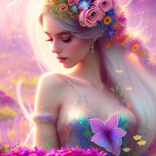 bright fairy, beautiful portrait, flowery landscape, cosmic atmosphere, perfect composition, 8k, super detailed, delicate flowers, complemfentary colours, intricate details