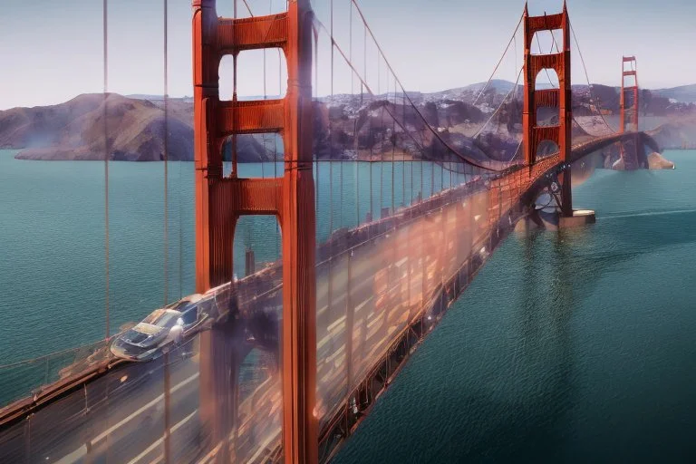A Tesla 'Model Y' is drifting at high speeds, on the 'Golden Gate' bridge. (CINEMATIC, WIDE ANGLE LENS, PHOTO REAL)