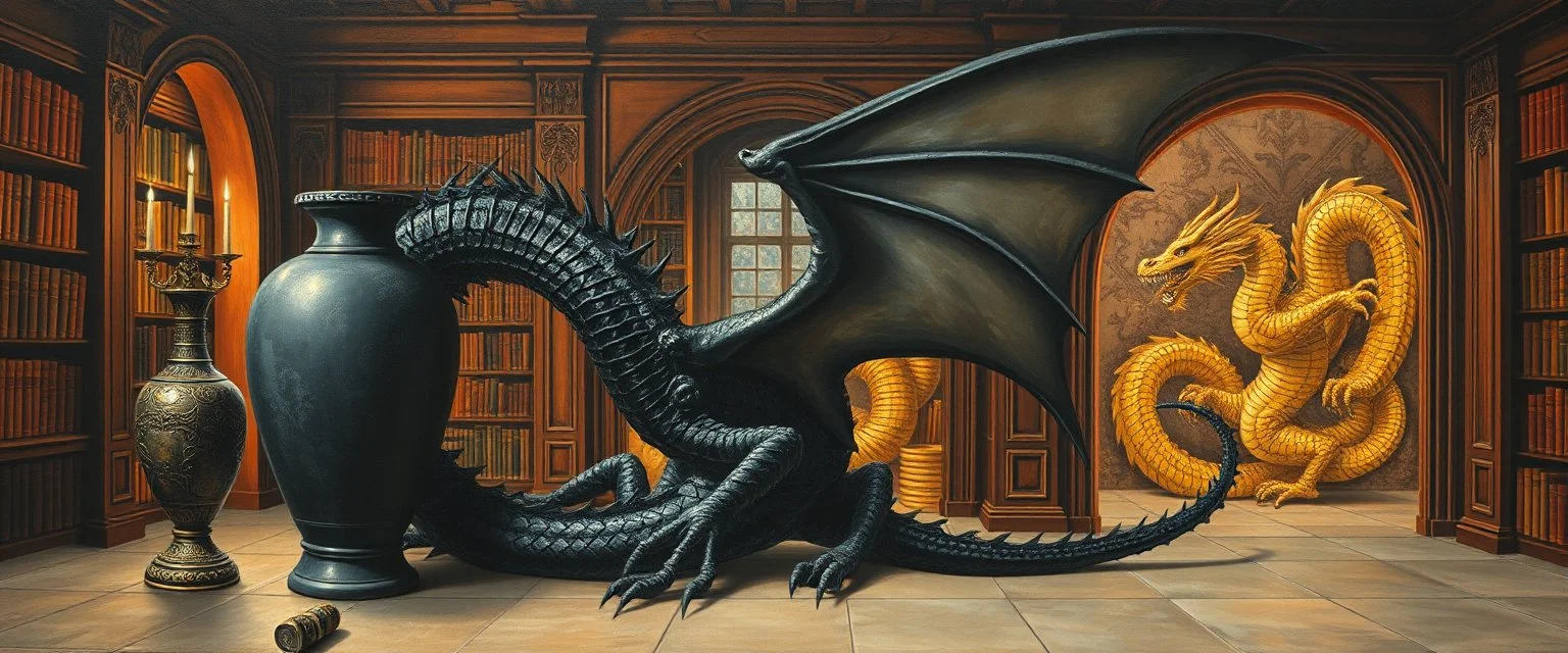 master oil painting by Escher and Giger, glaring vases and black humanoid dragon and hidden golden dragon inside library