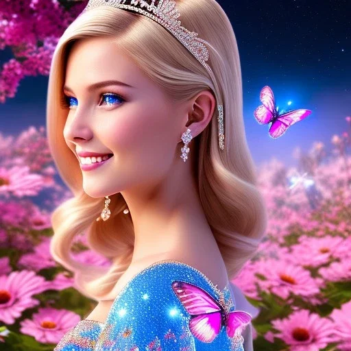 Princess, woman blondie, smile, beautiful place,amazing, flowers, colors, blue and pink butterfly, , realistic, photo real, stars night, detailed, high contrast, 8k high definition, unreal engine 5, extremely sharp detail, light effect, light background