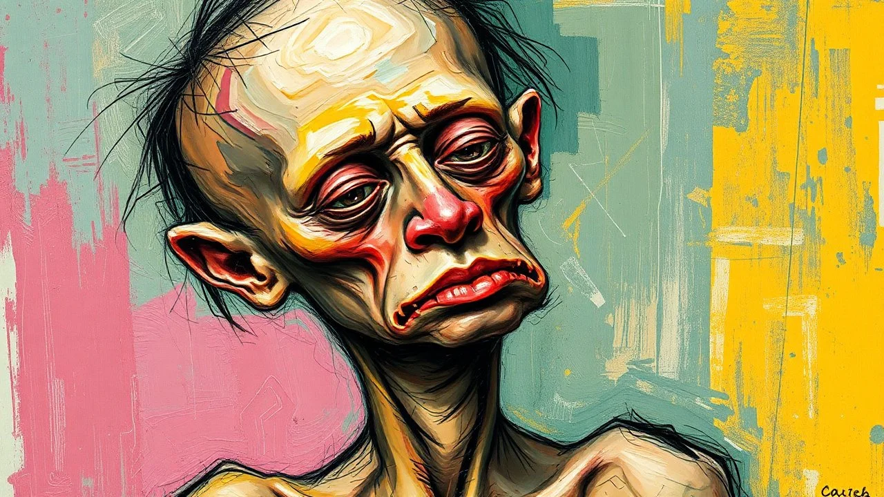 A deformed, disfigured figure with blurred, grainy facial features and poor anatomy, executed in a distorted, abstract art style with bright, complementary colors and subtle, expressive details, inspired by the avant-garde works of Francis Bacon, the emotional brushstrokes of Egon Schiele and the abstract expressionism of Willem de Kooning, with a combination of loose, gestural lines and rough, textured surfaces, as well as a prominent, scratched signature in the corner, as if it were a rough dr