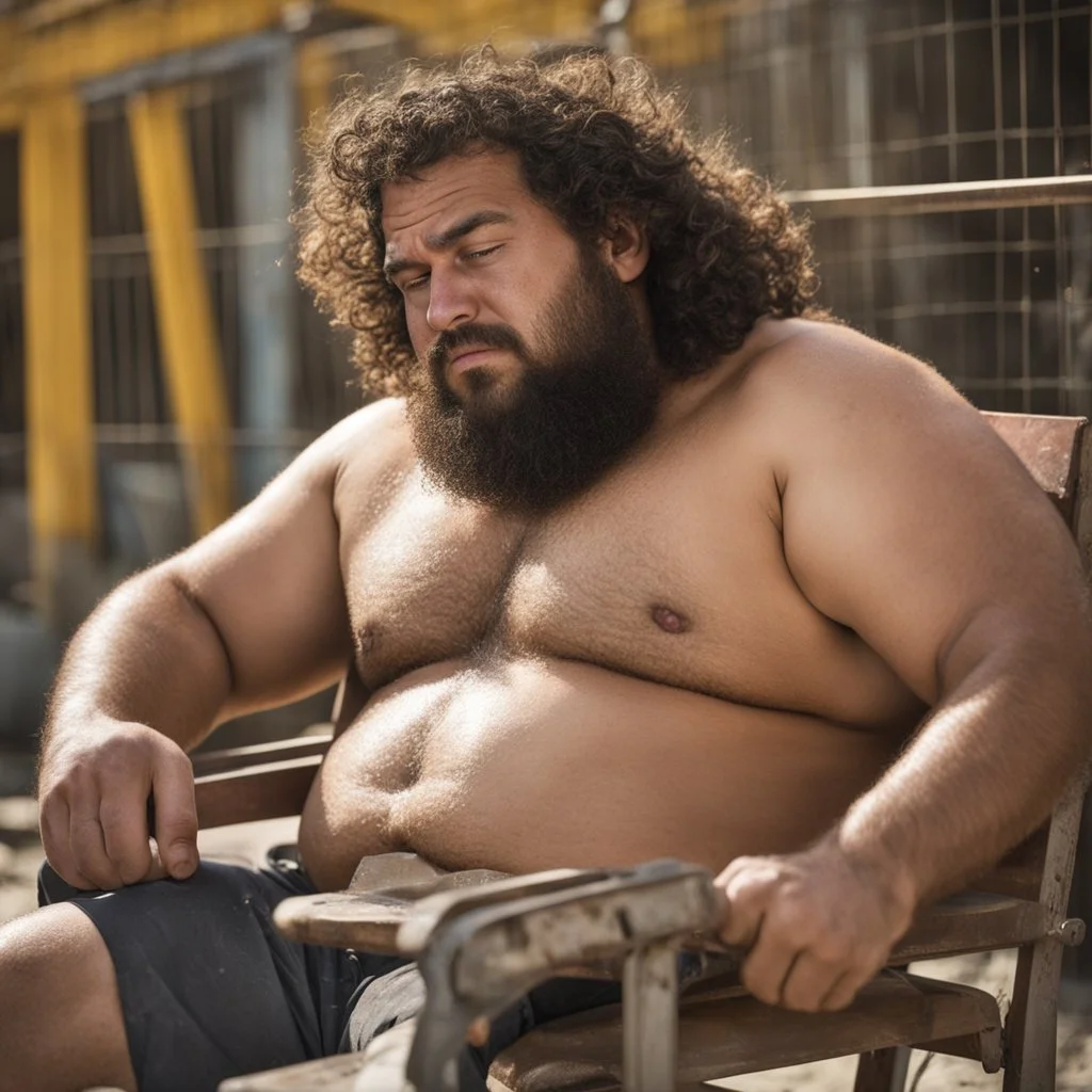 extreme close up photography of a sicilian ugly burly serious wet sweaty, muscular chubby strong fat carpenter, shirtless, boxer, bulge, manly chest, very hairy allover, big goatee 26 years old, curly hair, sit sleeping with open legs on a little chair , on a construction site in the middle of a road, under the August sun, emotional eyes, , hyper-realistic, photorealistic , frontal view from the ground