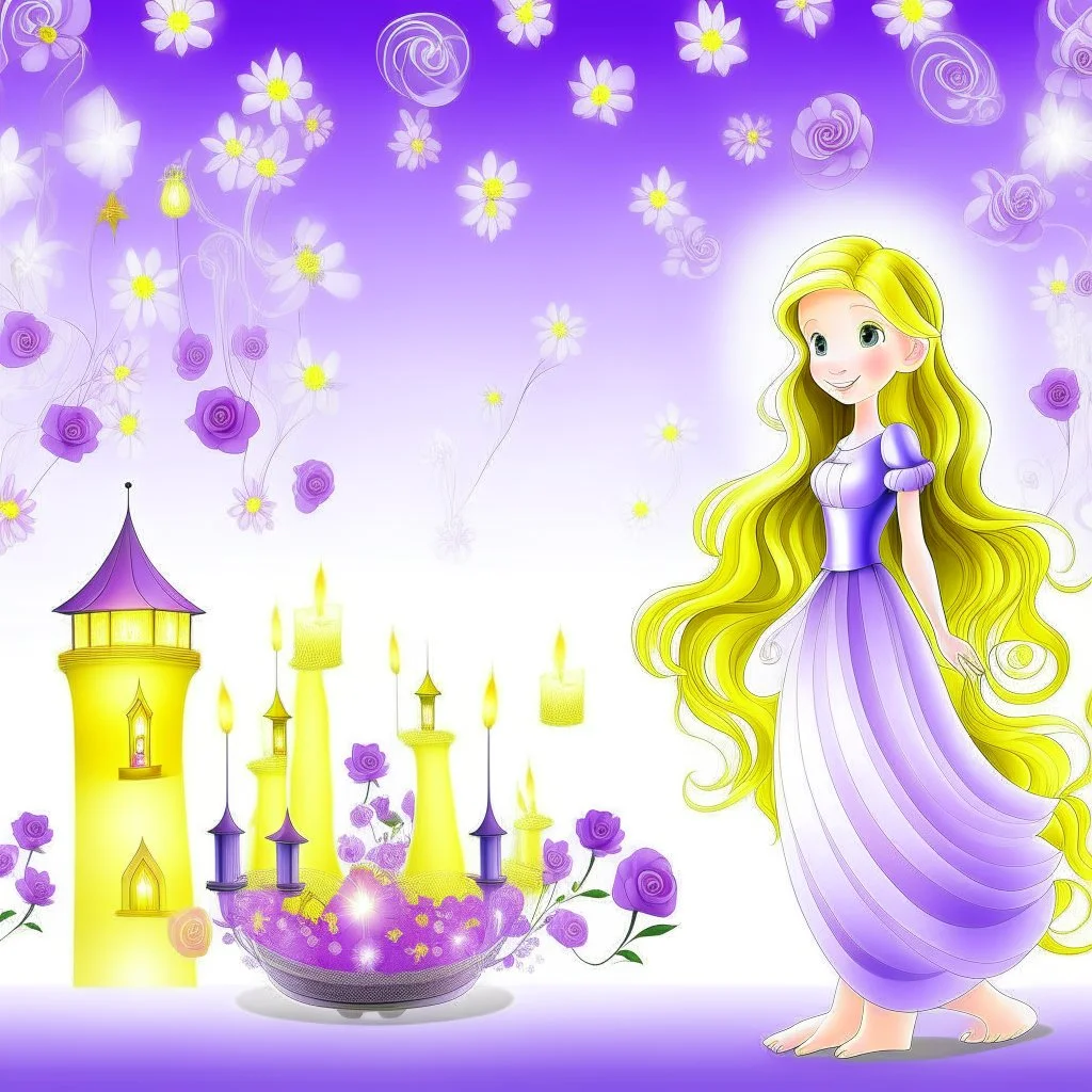 temática de la princesa de Disney rapunzel de enredados fondo blanco y morado , luces flotantes ,flor mágica , sol castillo estrellas