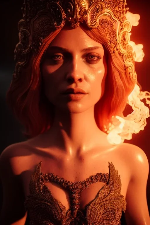 portrait of samantha prince set in fire, cinematic lighting, photorealistic, ornate, intricate, realistic, detailed, volumetric light and shadow, hyper HD, octane render, unreal engine insanely detailed and intricate, hypermaximalist, elegant, ornate, hyper-realistic, super detailed --v 4